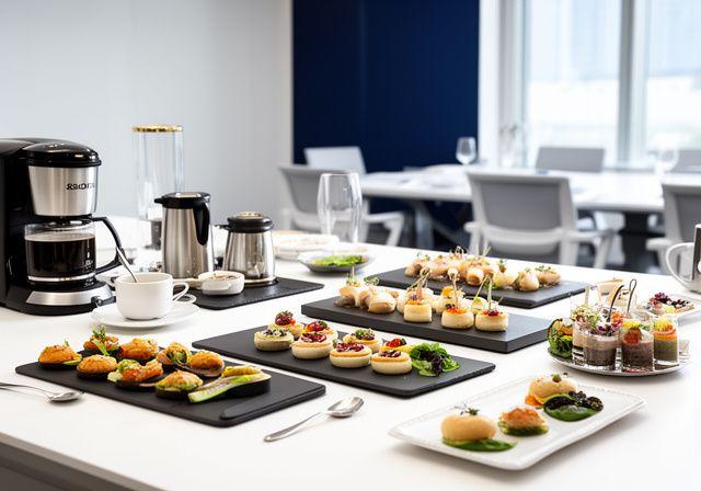 Servicio de catering corporativo moderno con bocados minimalistas y presentación pulida