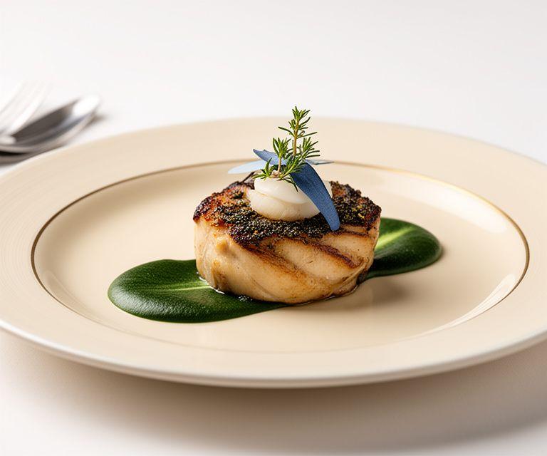 Plato elegante con técnica profesional de emplatado en tonos naturales