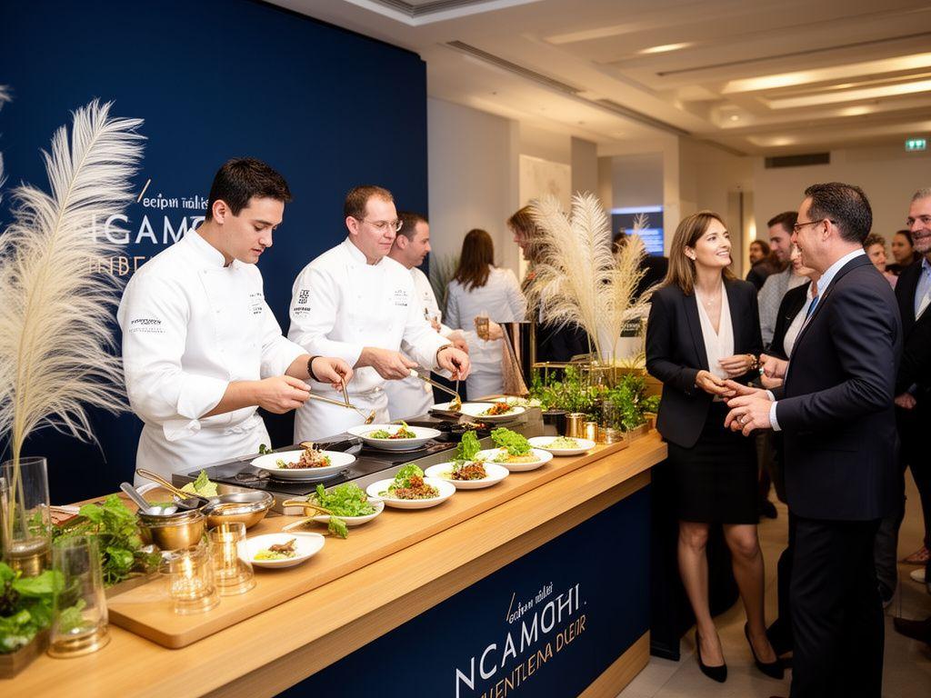 Estación de catering interactiva en un evento corporativo con chefs sirviendo platos al momento y asistentes conversando